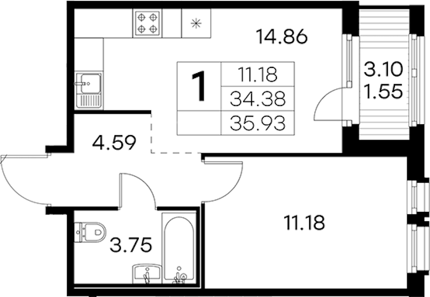 1-комнатная квартира 35.93 м², 4/15 эт., ЖК «GloraX Парголово»